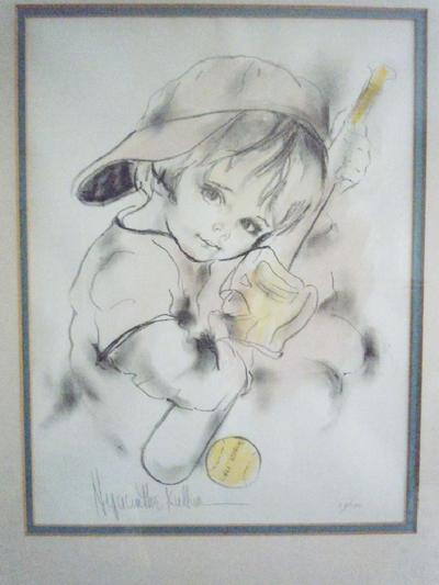"Boy With Baseball cap and Bat" color washes