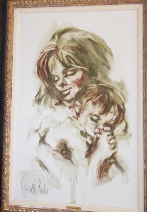 Mother and Child's Sleep of Love, 2x3' oil on canvas, framed, by Hyacinthe Kuller